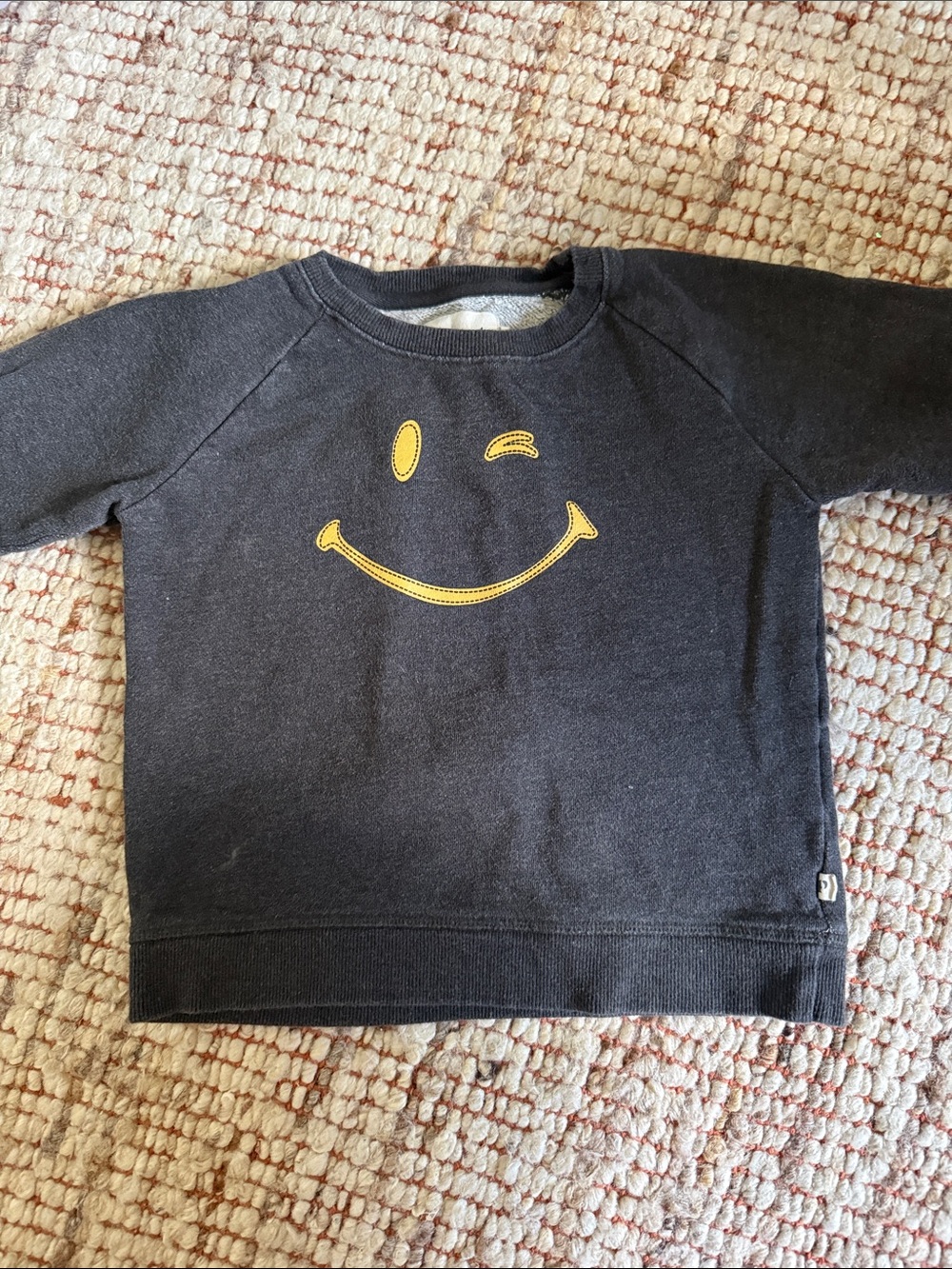 Pact Kids Washed Black Crewneck Sweatshirt with Yellow Winking Smile Organic 4T